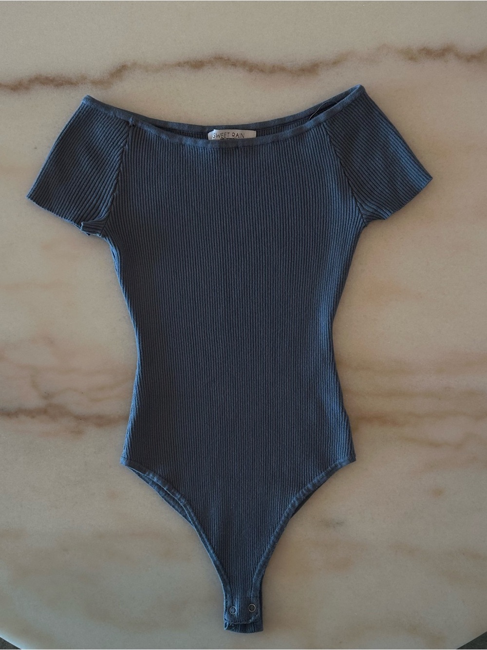 Sweet Rain Off-Shoulder Ribbed One-Piece Bodysuit in Slate Blue